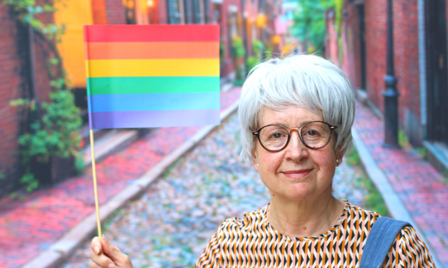Woman holding Pride flag