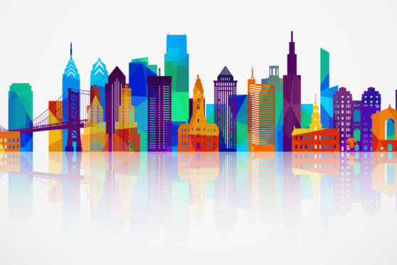 Philadelphia skyline silhouette in colorful geometric style